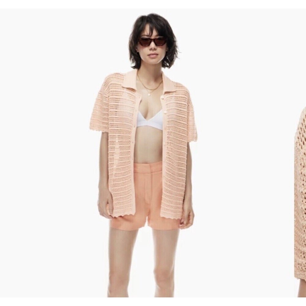 Wilfred Notting Sweater Size XS Open Knit Crochet Button Front Peach GrannyCore